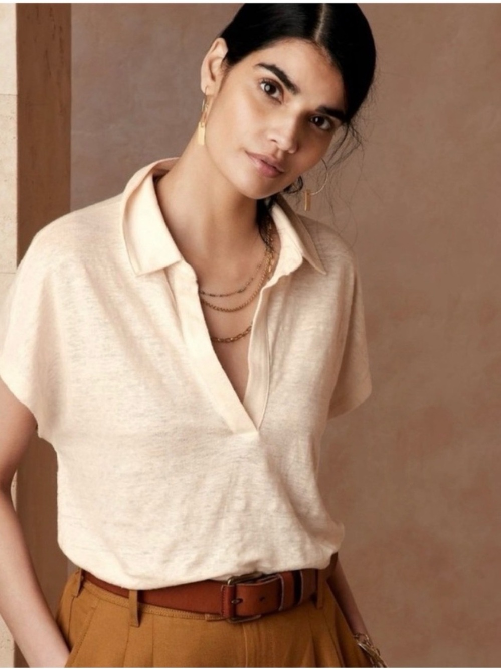 100% Linen BR Top Cream Flax Natural Linen V-Neck Relaxed Fit size L